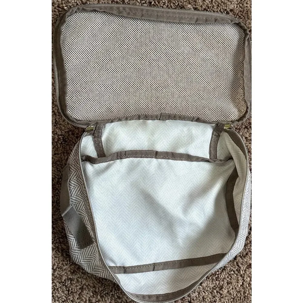 Itzy Ritzy Tan White Pattern Zippered Pouch Gold Hardware Travel Bag